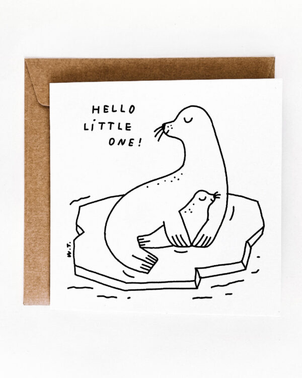 Minimalistyczna, czarno-biała kartka z foczkami do wręczania okazji narodzin dziecka lub na baby-shower.