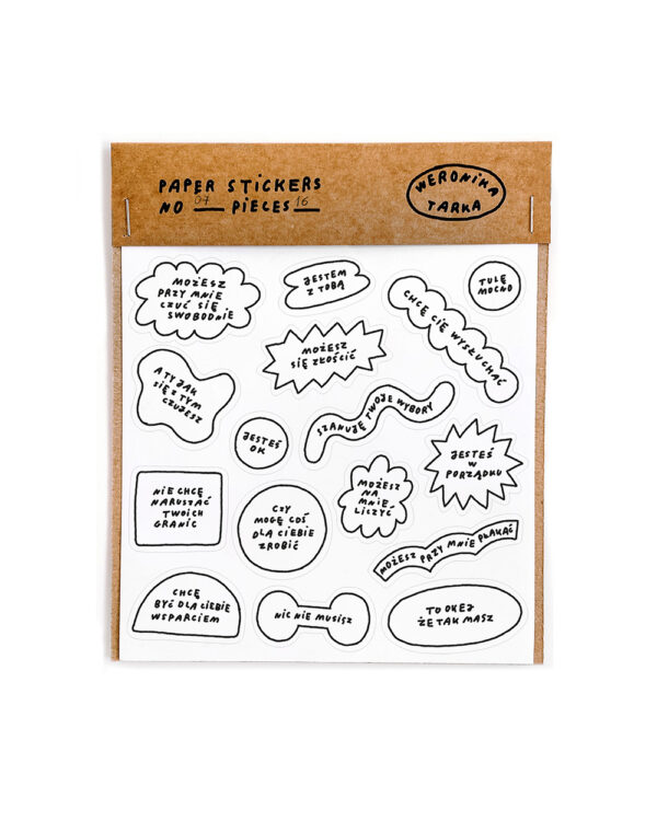 Arkusz papierowych naklejek z cytatami o emocjach i relacjach. Do wyrażania miłości i przyjaźni, do wspierania ducha. Minimalistyczny design, ilustrowane, drukowane i pakowane w Polsce.